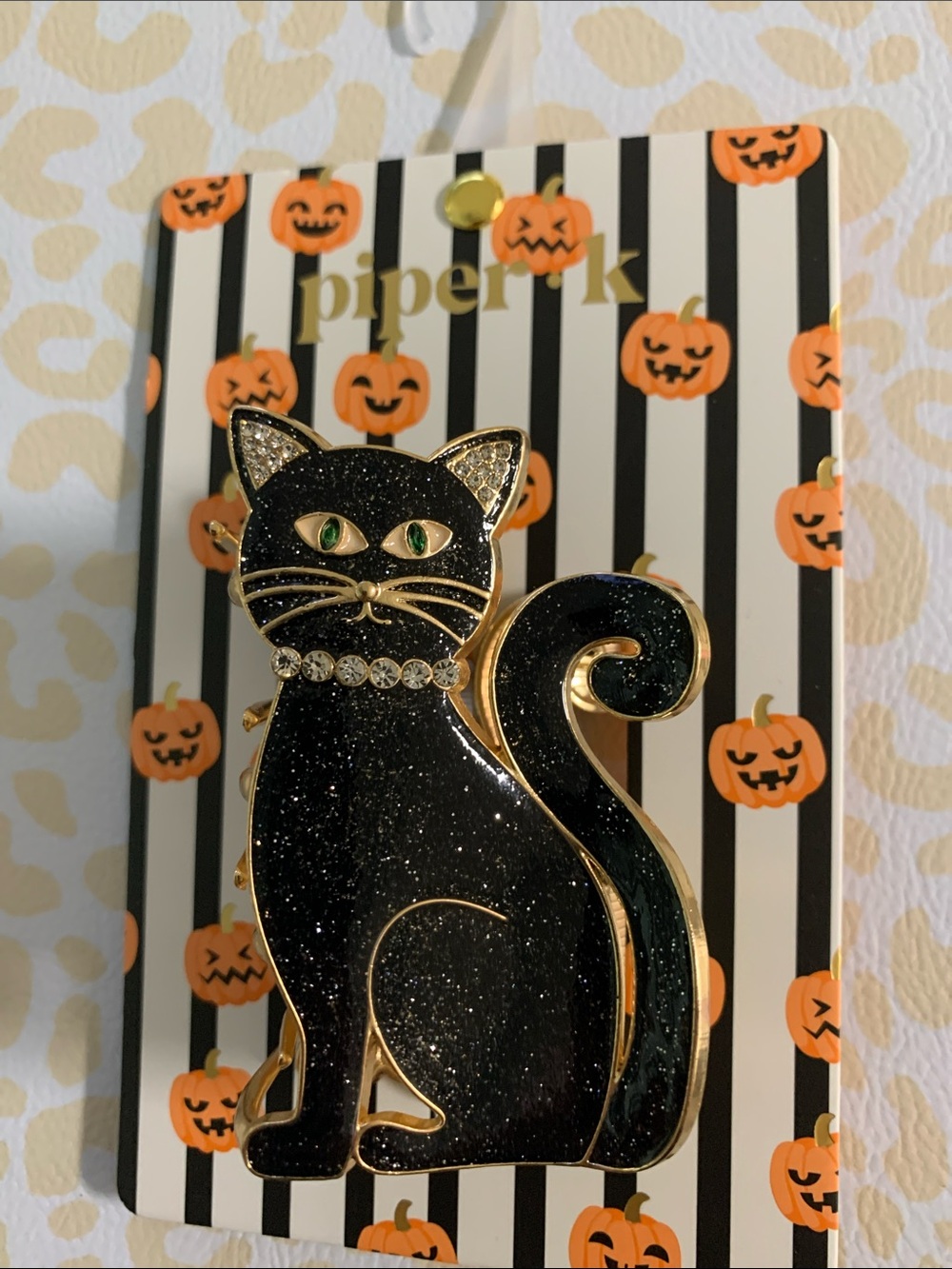 Piper K Black Glitter Cat Pin with Gold Trim and Green Eyes